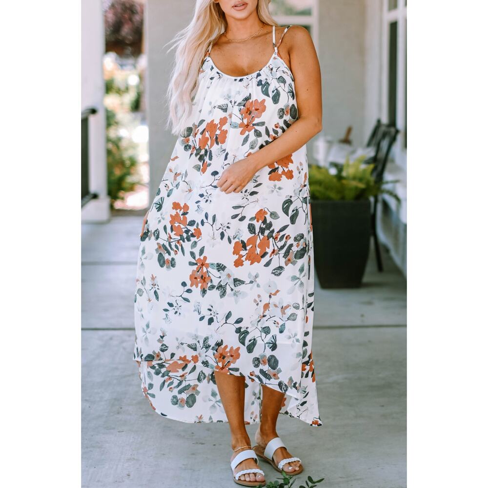 White Floral Print Spaghetti Straps Maxi Dress